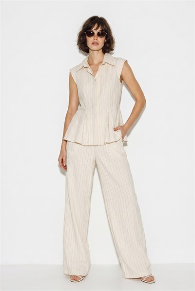 Kadın Çizgili Gömlek Yaka Peplum Bluz Bol Paça Pantolon Takım 8136 60286344 - Bej