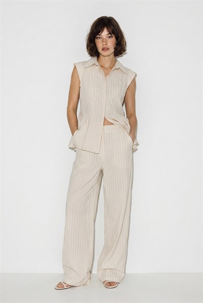 Kadın Çizgili Gömlek Yaka Peplum Bluz Bol Paça Pantolon Takım 8136 60286344 - Bej