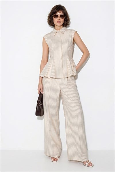 Kadın Çizgili Gömlek Yaka Peplum Bluz Bol Paça Pantolon Takım 8136 60286344 - Bej