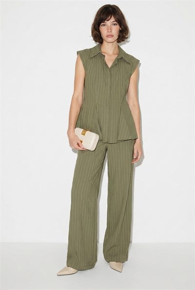 Kadın Çizgili Gömlek Yaka Peplum Bluz Bol Paça Pantolon Takım 8136 60286344 - Haki