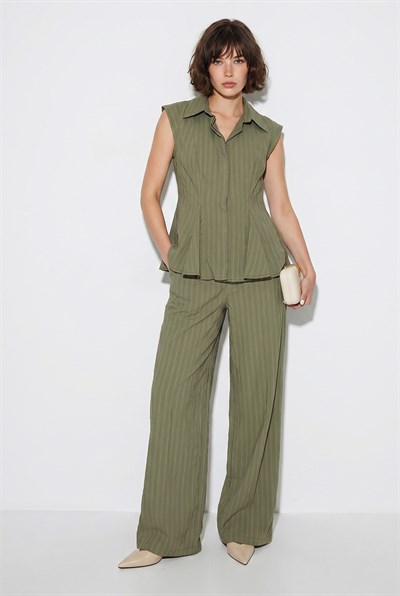 Kadın Çizgili Gömlek Yaka Peplum Bluz Bol Paça Pantolon Takım 8136 60286344 - Haki