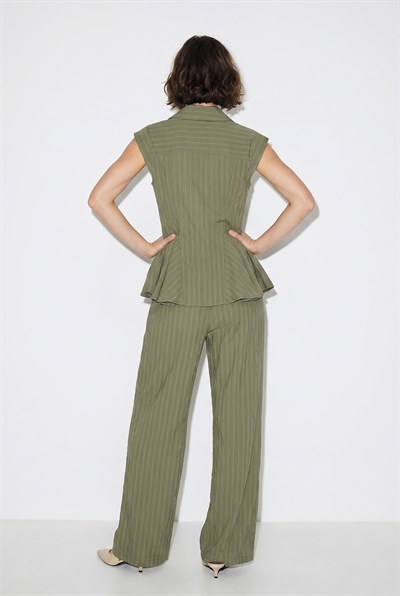 Kadın Çizgili Gömlek Yaka Peplum Bluz Bol Paça Pantolon Takım 8136 60286344 - Haki