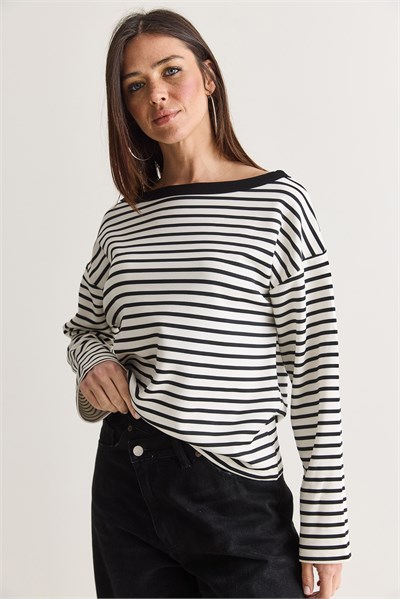 Kadın Çizgili Kayık Yaka Düşük Omuz Oversize Uzun Kollu Sweatshirt 0490 60286741 - Ekru-Siyah