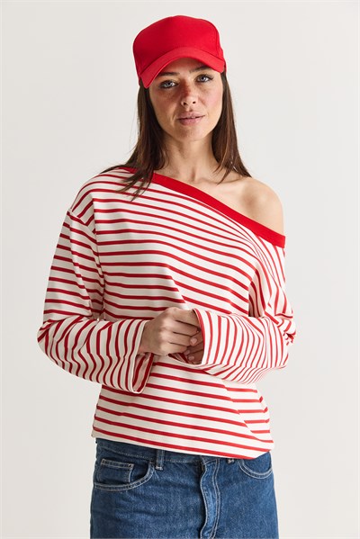 Kadın Çizgili Kayık Yaka Düşük Omuz Oversize Uzun Kollu Sweatshirt 0490 60286741 - Ekru-Kırmızı