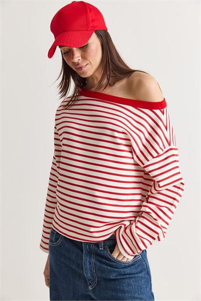 Kadın Çizgili Kayık Yaka Düşük Omuz Oversize Uzun Kollu Sweatshirt 0490 60286741 - Ekru-Kırmızı