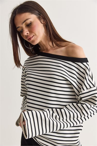 Kadın Çizgili Kayık Yaka Düşük Omuz Oversize Uzun Kollu Sweatshirt 0490 60286741 - Ekru-Siyah