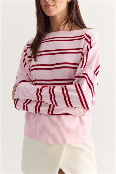 Kadın Çizgili Kayık Yaka Düşük Omuz Oversize Triko Kazak 60286767 - Toz Pembe