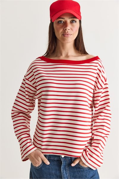 Kadın Çizgili Kayık Yaka Düşük Omuz Oversize Uzun Kollu Sweatshirt 0490 60286741 - Ekru-Kırmızı