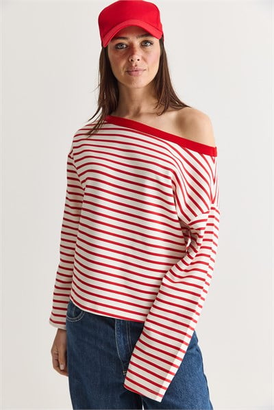 Kadın Çizgili Kayık Yaka Düşük Omuz Oversize Uzun Kollu Sweatshirt 0490 60286741 - Ekru-Kırmızı
