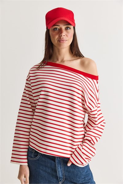 Kadın Çizgili Kayık Yaka Düşük Omuz Oversize Uzun Kollu Sweatshirt 0490 60286741 - Ekru-Kırmızı