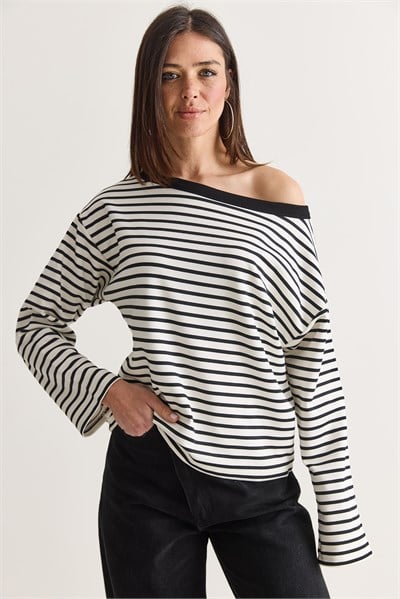 Kadın Çizgili Kayık Yaka Düşük Omuz Oversize Uzun Kollu Sweatshirt 0490 60286741 - Ekru-Siyah