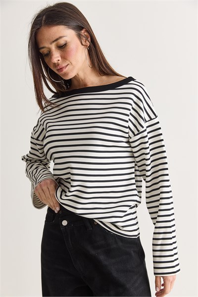 Kadın Çizgili Kayık Yaka Düşük Omuz Oversize Uzun Kollu Sweatshirt 0490 60286741 - Ekru-Siyah