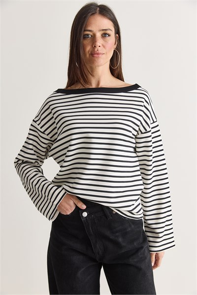 Kadın Çizgili Kayık Yaka Düşük Omuz Oversize Uzun Kollu Sweatshirt 0490 60286741 - Ekru-Siyah