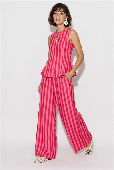 Kadın Çizgili Kolsuz Bluz Beli Lastikli Cep Detaylı Bol Paça Pantolon Takım 4174 60286441 - Pembe ALT - ÜST TAKIM modelleri