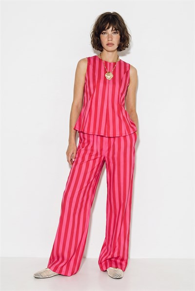 Kadın Çizgili Kolsuz Bluz Beli Lastikli Cep Detaylı Bol Paça Pantolon Takım 4174 60286441 - Pembe