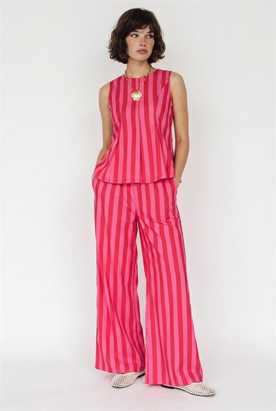 Kadın Çizgili Kolsuz Bluz Beli Lastikli Cep Detaylı Bol Paça Pantolon Takım 4174 60286441 - Pembe