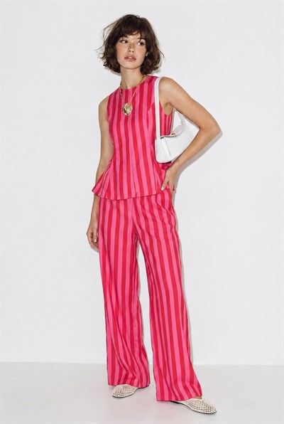Kadın Çizgili Kolsuz Bluz Beli Lastikli Cep Detaylı Bol Paça Pantolon Takım 4174 60286441 - Pembe