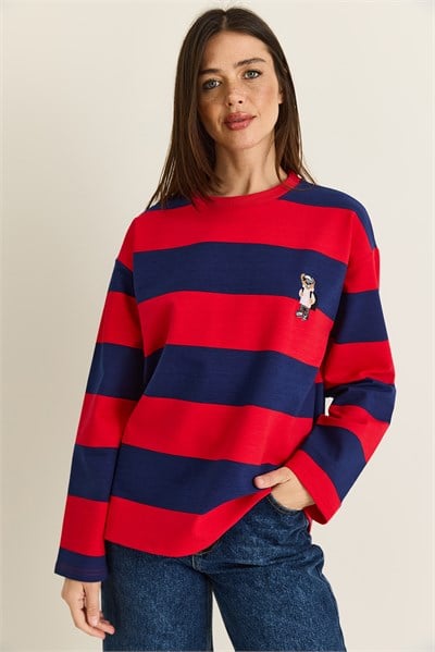 Kadın Çizgili Nakış Detaylı Oversize Sweatshirt 6206 60286534 - Kırmızı-Lacivert