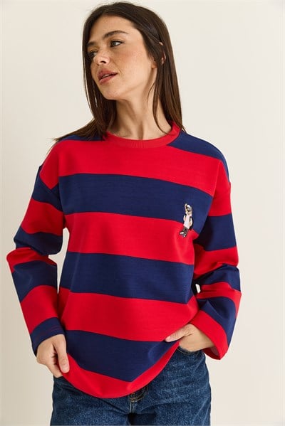 Kadın Çizgili Nakış Detaylı Oversize Sweatshirt 6206 60286534 - Kırmızı-Lacivert