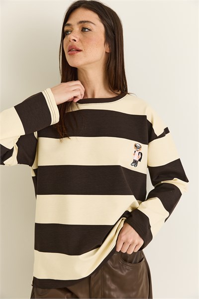 Kadın Çizgili Nakış Detaylı Oversize Sweatshirt 6206 60286534 - Kahverengi-Bej
