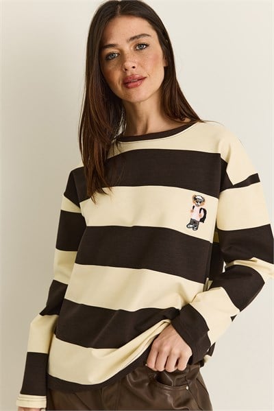 Kadın Çizgili Nakış Detaylı Oversize Sweatshirt 6206 60286534 - Kahverengi-Bej