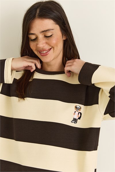 Kadın Çizgili Nakış Detaylı Oversize Sweatshirt 6206 60286534 - Kahverengi-Bej