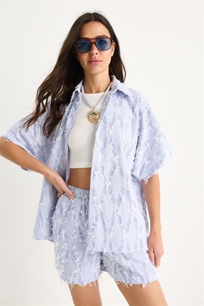 Kadın Çizgili Oversize Saçaklı Gömlek Cep Detaylı Beli Lastikli Şort Takım DT251021 60283390 - Mavi-Beyaz