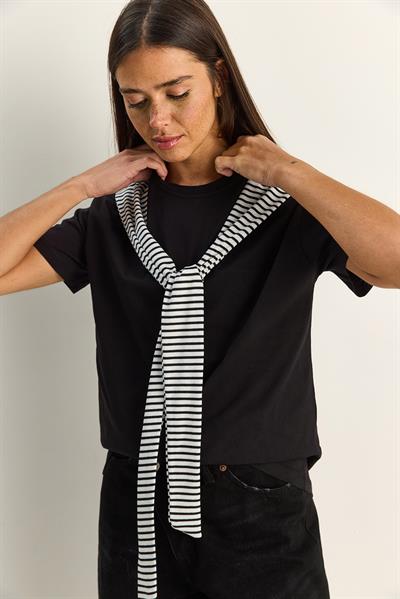 Kadın Çizgili Şal Detaylı Relaxed Basic T-Shirt 7679 60286112 - Siyah
