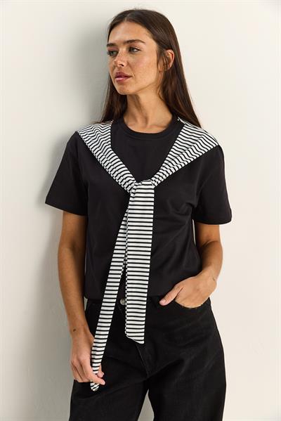 Kadın Çizgili Şal Detaylı Relaxed Basic T-Shirt 7679 60286112 - Siyah