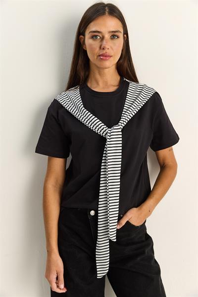 Kadın Çizgili Şal Detaylı Relaxed Basic T-Shirt 7679 60286112 - Siyah