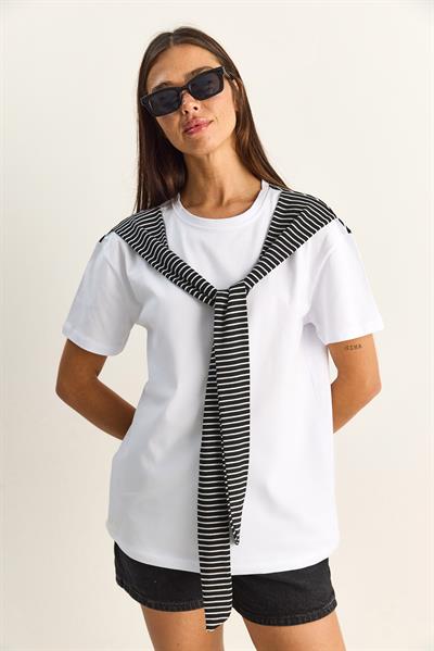 Kadın Çizgili Şal Detaylı Relaxed Basic T-Shirt 7679 60286112 - Beyaz