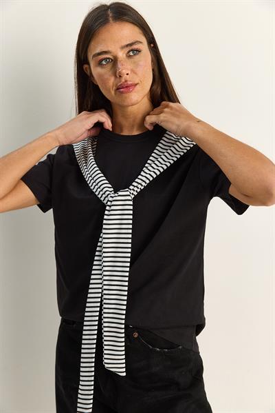 Kadın Çizgili Şal Detaylı Relaxed Basic T-Shirt 7679 60286112 - Siyah