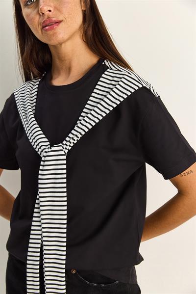 Kadın Çizgili Şal Detaylı Relaxed Basic T-Shirt 7679 60286112 - Siyah