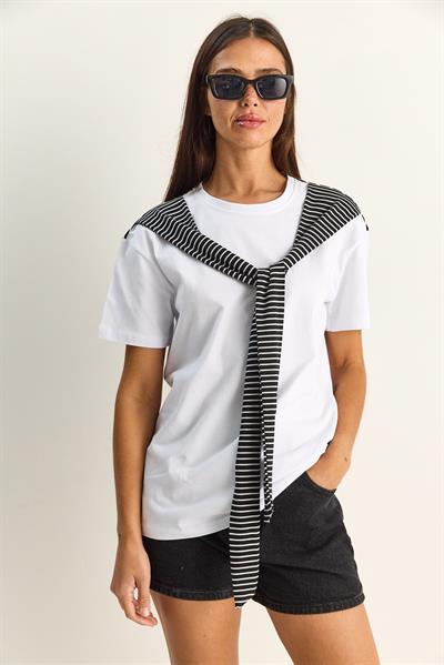 Kadın Çizgili Şal Detaylı Relaxed Basic T-Shirt 7679 60286112 - Beyaz