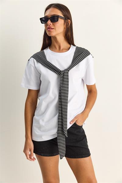 Kadın Çizgili Şal Detaylı Relaxed Basic T-Shirt 7679 60286112 - Beyaz