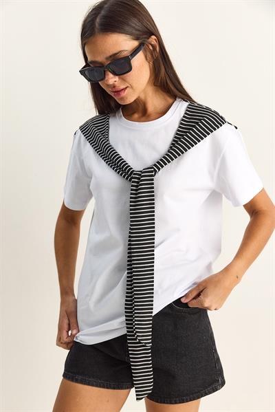 Kadın Çizgili Şal Detaylı Relaxed Basic T-Shirt 7679 60286112 - Beyaz