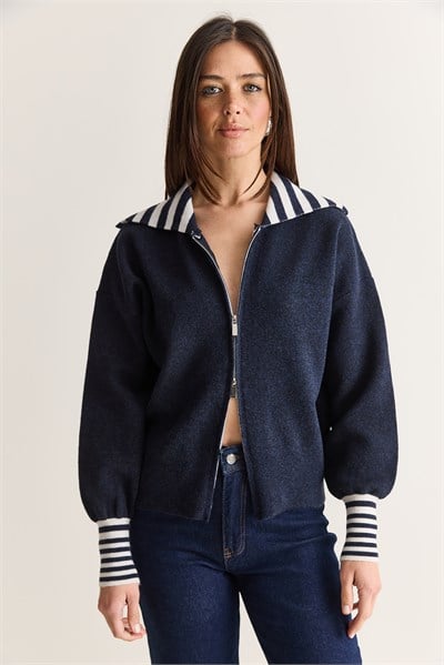 Kadın Çizgili Şal Yaka Çift Yönlü Fermuarlı Oversize Triko Hırka TH261088 60286728 - Lacivert