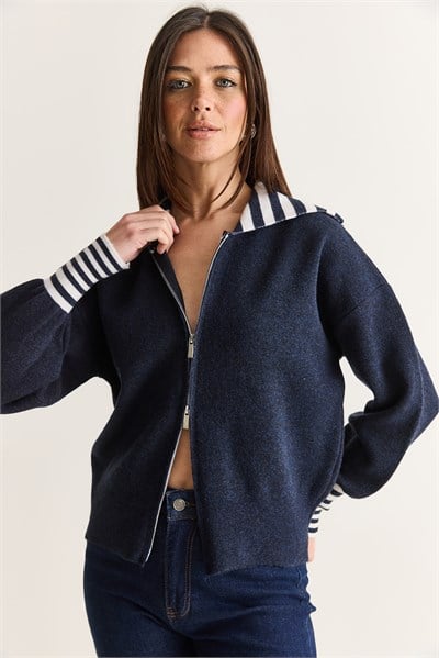 Kadın Çizgili Şal Yaka Çift Yönlü Fermuarlı Oversize Triko Hırka TH261088 60286728 - Lacivert