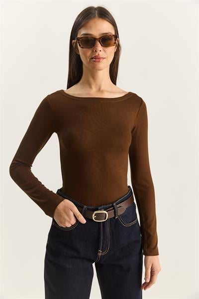 Kadın Cotton Kayık Yaka Bluz 6025 60283832 - Kahverengi