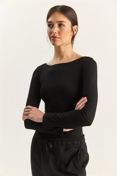 Kadın Cotton Kayık Yaka Bluz 6025 60283832 - Siyah