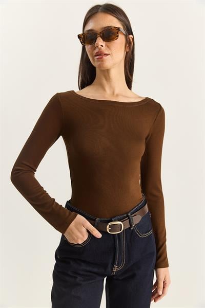 Kadın Cotton Kayık Yaka Bluz 6025 60283832 - Kahverengi