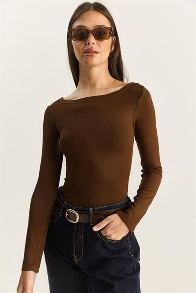 Kadın Cotton Kayık Yaka Bluz 6025 60283832 - Kahverengi