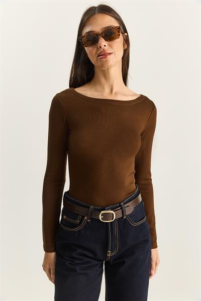 Kadın Cotton Kayık Yaka Bluz 6025 60283832 - Kahverengi