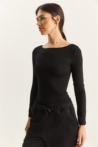 Kadın Cotton Kayık Yaka Bluz 6025 60283832 - Siyah