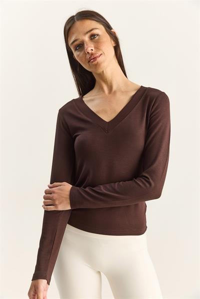 Kadın Cotton V Yaka Bluz 141 60283830 - Acı Kahve