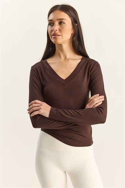 Kadın Cotton V Yaka Bluz 141 60283830 - Acı Kahve