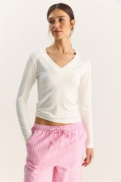 Kadın Cotton V Yaka Bluz 141 60283830 - Beyaz
