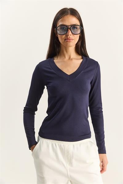 Kadın Cotton V Yaka Bluz 141 60283830 - Lacivert