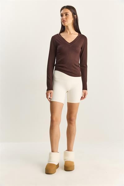 Kadın Cotton V Yaka Bluz 141 60283830 - Acı Kahve