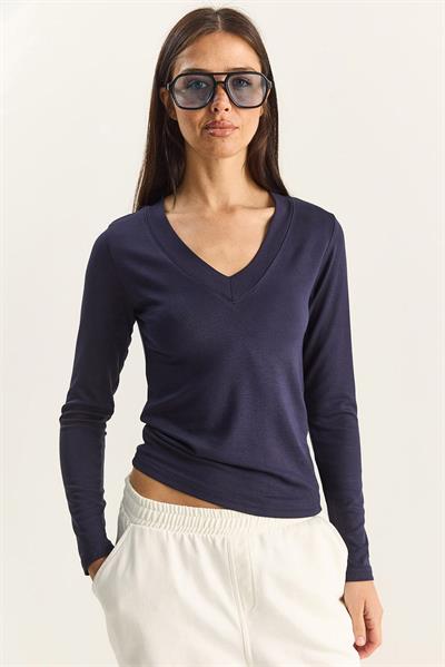 Kadın Cotton V Yaka Bluz 141 60283830 - Lacivert